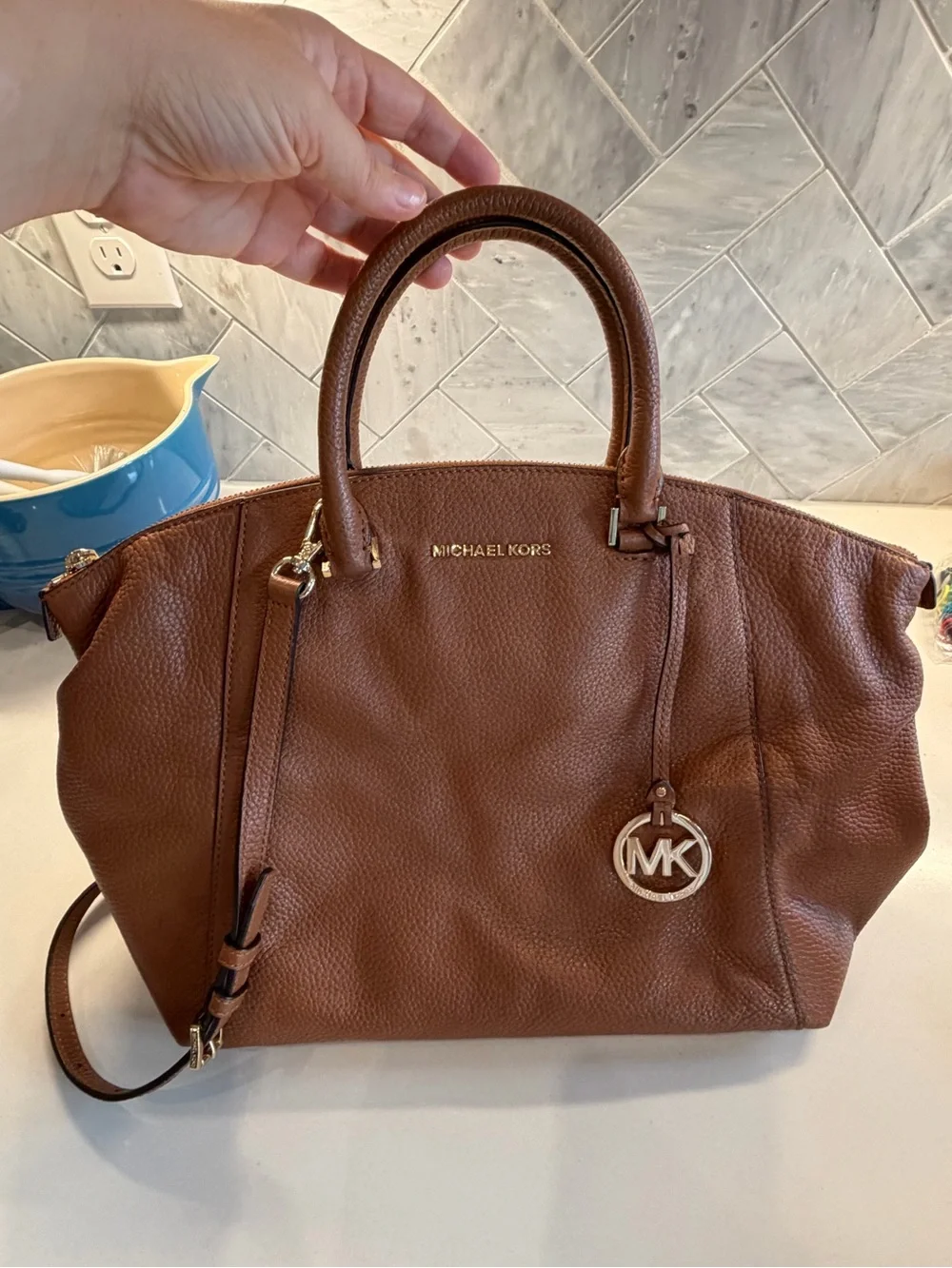 Michael Kors Brown Pebbled Leather Satchel with Gold Hardware
